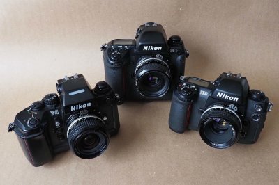 The autofocus bodies: Nikon F4 (left), Nikon F5 and Nikon F100.  