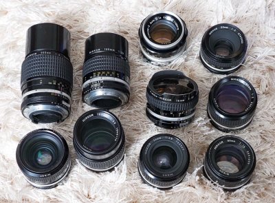 My Nikkor lenses; the 16/3.5 (fish-eye), 24/2.8, 35/2., 50/2, 50/1.4, 85/2, 105/2.5, 135/2.8, 200/4. 