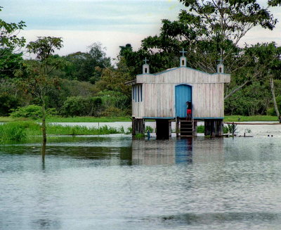 In the river; at this area and this year season, the river floods the banks.