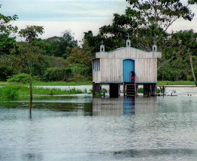 In the river; at this area and this year season, the river floods the banks. 