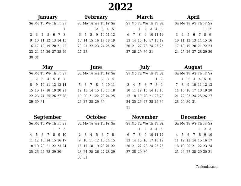 Horizontal 2022 calendar