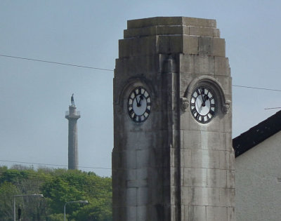  LlanfairPG clocktower and Marquess of Anglesey statue 