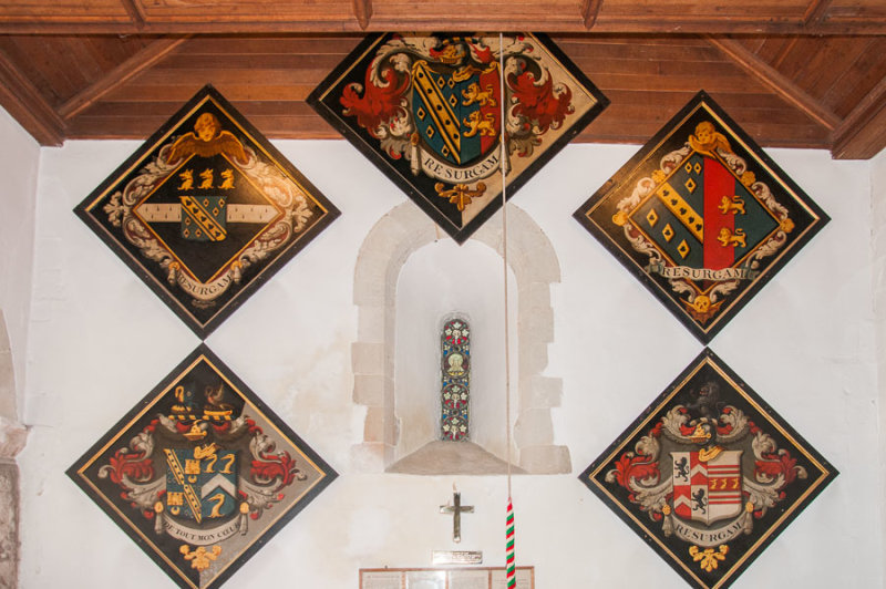 'Hatchments' (armorial crests) inside All Saints Church, Little Bookham