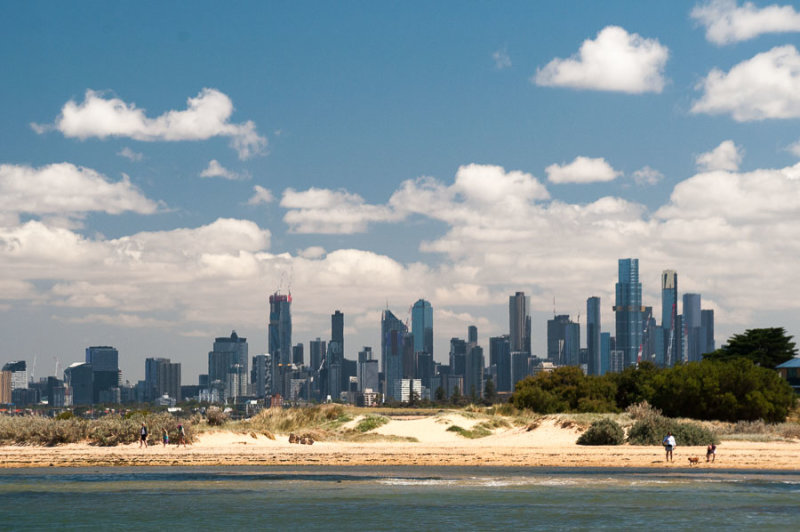 Melbourne CBD seen across Port Phillip Bay, from the Middle Brighton 'Dog Beach'