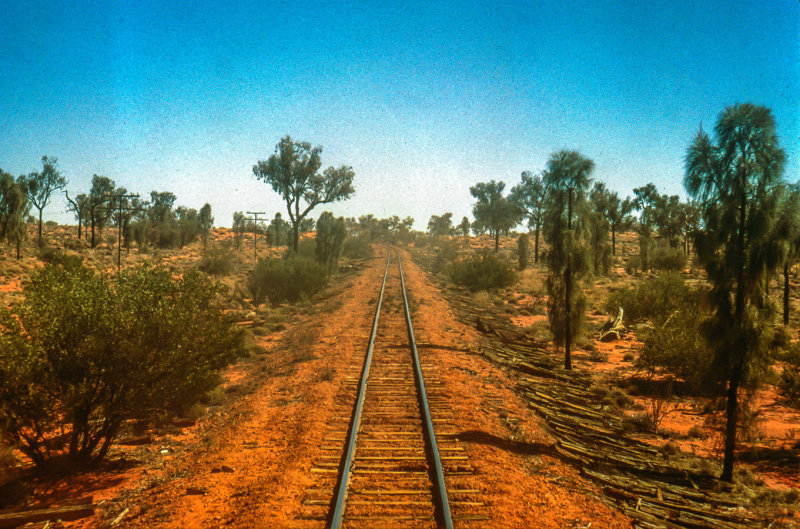 Single track of the original Ghan railway line in Central Australia, 1970