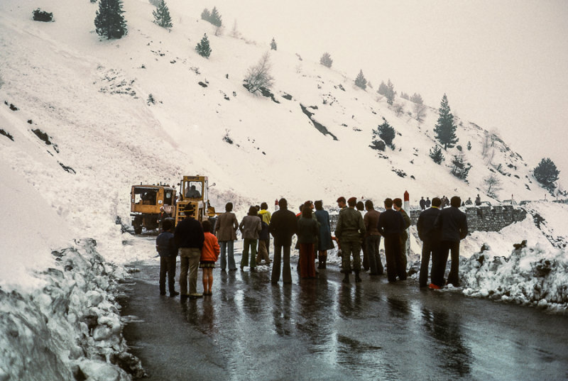 Motorists await a snow plough in the Andorran Pyrenees, 1974