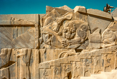 Bas-relief of a lion attacking a bull at the Achaemenid Persian capital of Persepolis