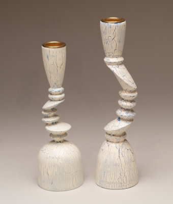 Multiaxis turned candle sticks, paint and crackle finish.