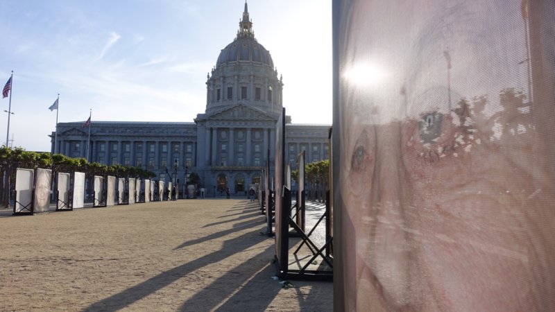 Bay Area Holocaust survivors exhibit at Civic Center plaza.