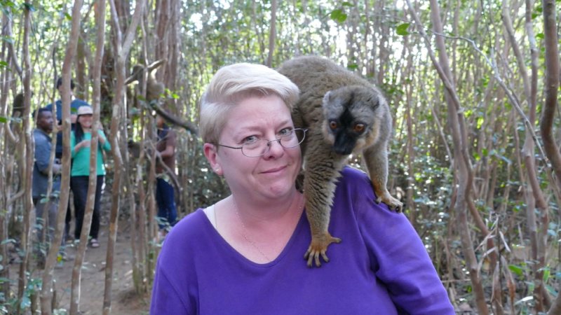 Jocelyn with a Redfronted Brown Lemur