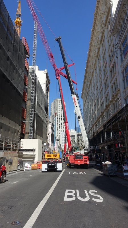 Giant construction cranes on O'Farrell Street
