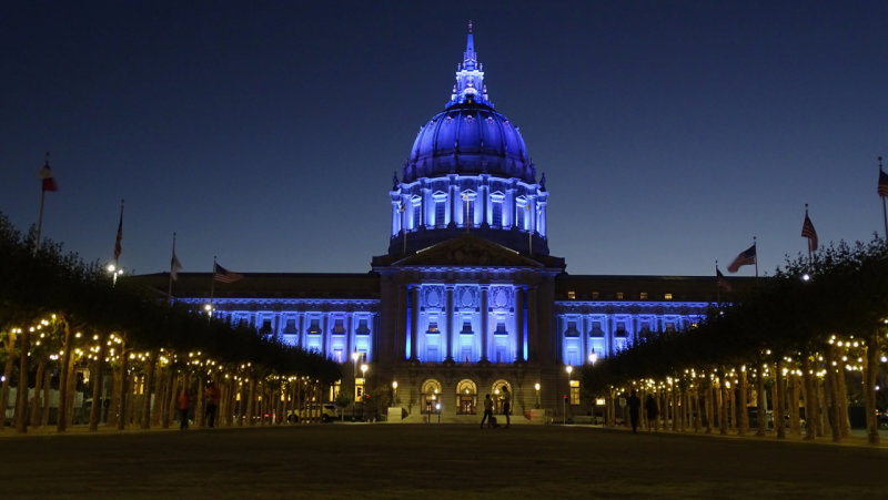 City Hall all lit up in blue
