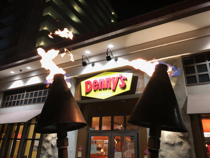 Tiki Torches in front of the Denny's in Waikiki