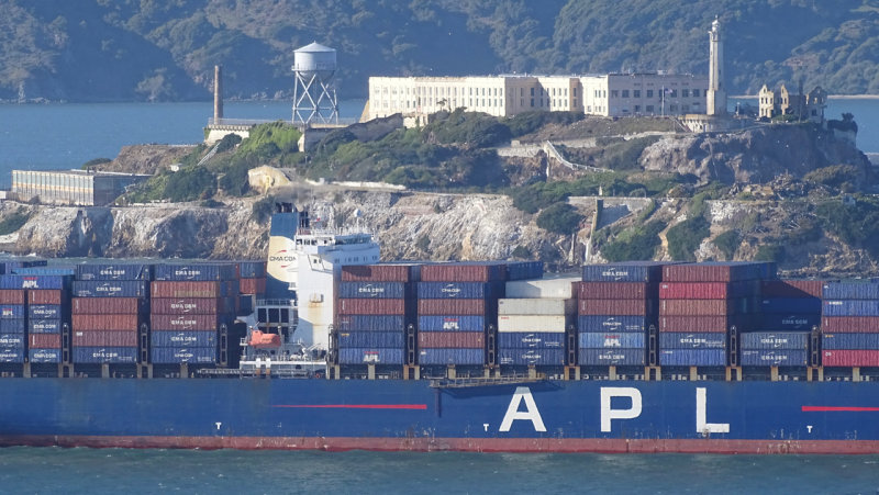 Cargo Ship passing by Alcatraz Island