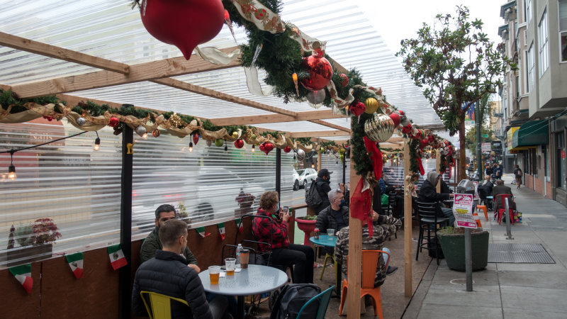 Outdoor dining structure on Polk Street for Cinch Saloon and El Capitan Taqueria