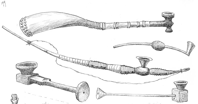 Fernand Grbert, folio 199, drawing of Fang pipes, showing some of their diversity. 