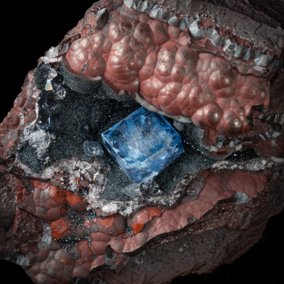12 mm blue fluorite on 8 cm hematite matrix, from the Florence Mine, Cumbria.