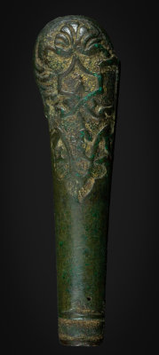 Decorated copper alloy handle 67mm, with the Rurikid interlace design and gilding on stamped circular punch decoration. Ukraine