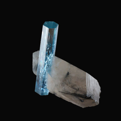 Beryl var aquamarine, 25 mm on quartz with tourmaline. Erongo Mountain, Erongo Region, Namibia.