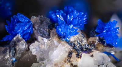 Azurite crystals on calcite, Dolyhir Quarry, Wethel, Old Radnor, Powys, Wales, UK