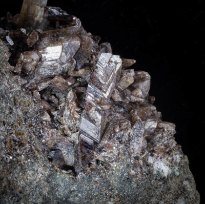 2 cm sharp complete axinite crystal from Meldon Quarry, Devon, on 8 cm matrix.