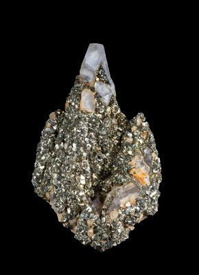 Pyrite crystals to about 2 mm on scalenohedral calcite crystals to 66 mm, New Glencrieff Mine, Wanlockhead, ex Ted Smithson
