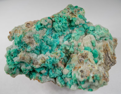 Chrysocolla pseudomorphs after veszelyite crystals (to 2 mm) on hemimorphite, Waygate Shaft, Wanlockhead, Scotland, 23 mm