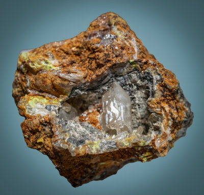 Cerussite crystal with pyromorphite, 22 mm, Wilsons Shaft, Mine Hill, Leadhills, Scotland