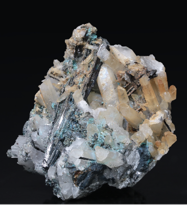 Wolframite crystals to 35 mm on quartz, langite and chalcopyrite matrix, Hingston Down Quarry, Callington, Cornwall