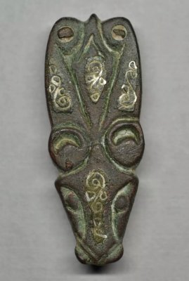 9th century Anglo Saxon strap end, bronze with silver and niello inlays, Thomas Class A Type 5, found Norfolk. 