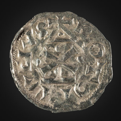 Richard I of Normandy, silver denier, 960 - 980, RICARDUS around cross; ROTOMAGUS around stylized temple. 