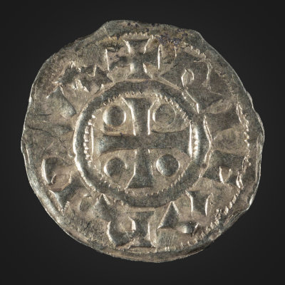 Richard I of Normandy, silver denier, 960 - 980, RICARDUS around cross; ROTOMAGUS around stylized temple. 