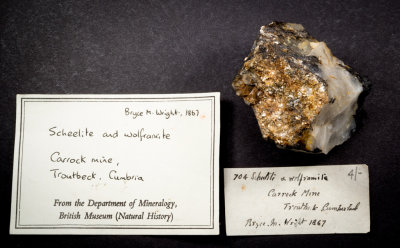 1867 Carrock specimen of scheelite with muscovite quartz and wolframite, from Bryce McMurdo Wright