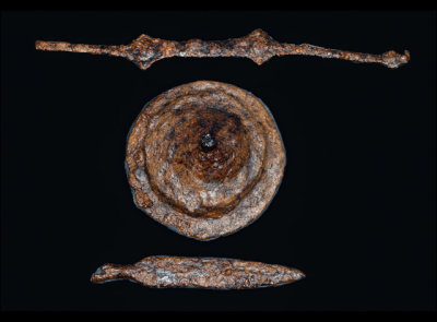 Anglo-Saxon shield boss, handle and spear head. Found near Barrington, Cambridgeshire, England. 6th-7th century.