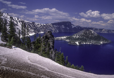 Crater Lake showing rim, Llao Rock, and Wizard Island, Crater Lake National Park, OR