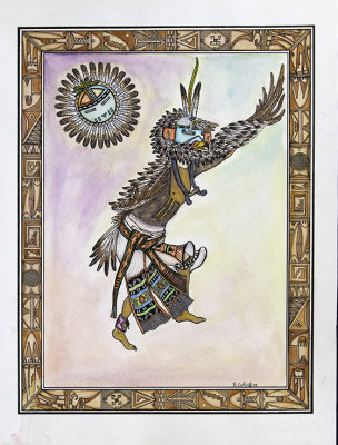Eagle Kachina and Sun face: Bryson Outie, Navajo (Watercolor)