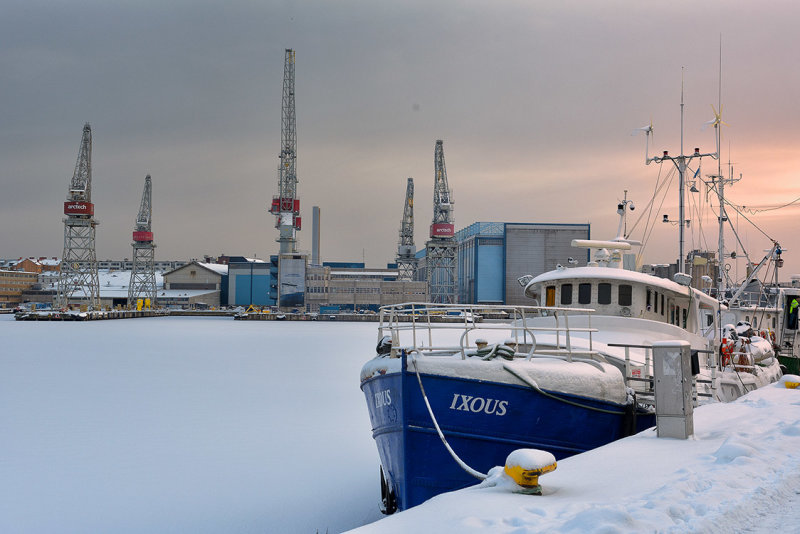 Wintry Boat and Cranes
