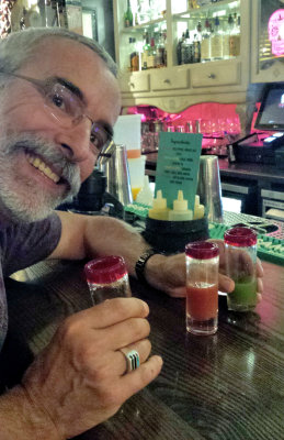 Tequila, sangrita and verdita at Antojo