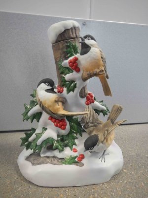 Chickadees with Holly Decanter