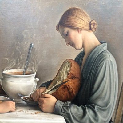 DE BROERS BARRAUD  4 Zwitserse realisten - Vrouw die brood snijdt voor de soep