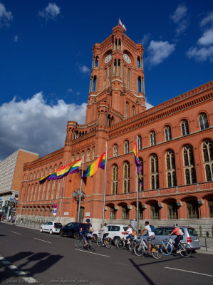 Rainbow flags in front of Rotes Rathaus, Berlin