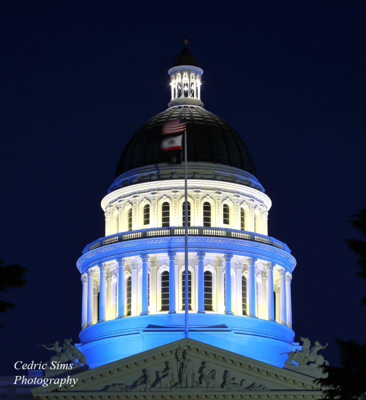 Sacramento State Capitol lit in blue to support first responders & health care workers during the Coronavirus crisis
