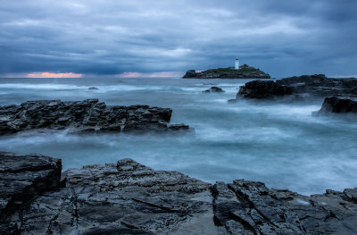 Godrevy Lighthouse in Cornwall at dusk