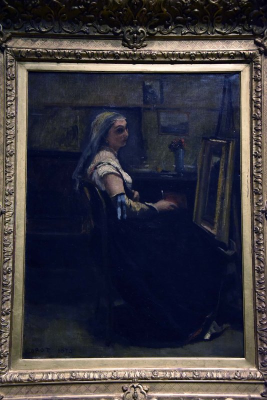 Corots Studio: Woman in a Black Velvet Dress Seated before an Easel, a Book in Her Hand (1868-1870) - Corot - MBA Lyon - 7759