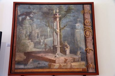 Rocky landscape with little temples, statue, fisherman and ibis - Ekklesiasterion. Temple of Isis. Pompeii - 3913