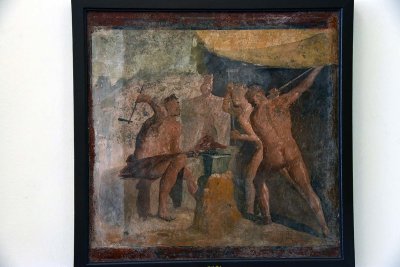 In Hephaisto's workshop, Cyclops forge the amour of the heros - House of the Chariots. Pompeii - 3975