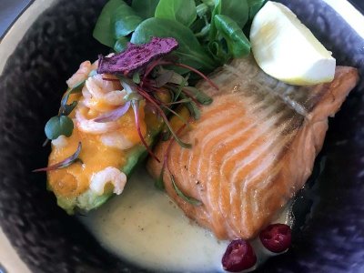 Pan-fried sea trout, oven-baked avocado filled with shrimps and cheese - Domini Canes, Riga - 8561