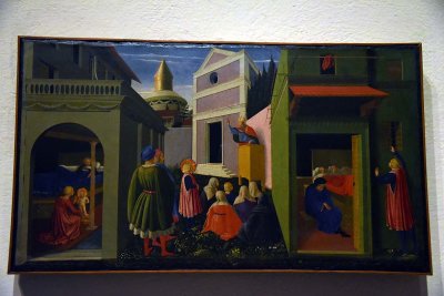 Storie di S. Nicola di Bari: la nascita del Santo: la vocazione: il dono alle tre fanciulle povere (1437) -  Fra Angelico - 0356