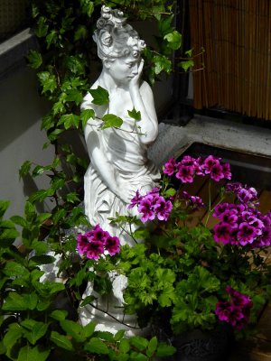Statue and English Pelargonie