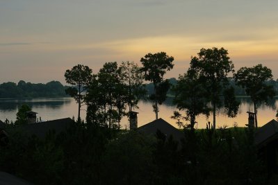 Sunrise over the lake cabins